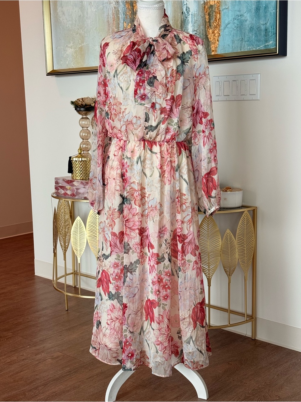 Floral Tie-Neck Maxi Dress - Pink & Cream